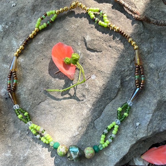 Handmade Artisan Beaded Earthy Green & Gold Sparkling Choker w Raku Centre Bead - Picture 1 of 6